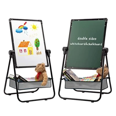 Image of DOEWORKS Kids Art Easel Childrens with Storage Bag Magnetic Whiteboard for Kids, Double Sides &amp; Chalkboard U Stand Drawing Board, Height Adjustable 360Rotating, Black