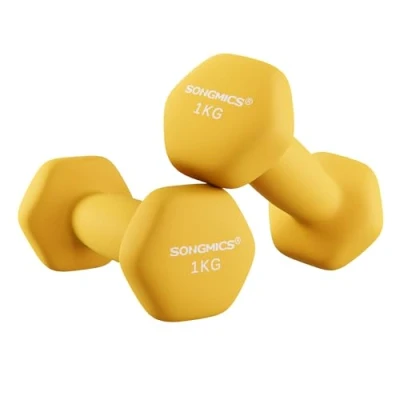 Image of SONGMICS Set of 2 Dumbbells, x 1 kg Hand Weights with Neoprene Coating, Hexagonal Dumbbells Pair, Home Workout, Fitness Training Exercise, Yellow SYL62YL