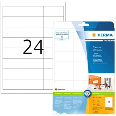 Image of HERMA Self Adhesive Address Labels, 24 Labels per A4 Sheet, 10 Sheets, 66 x 33.8 mm, 240 Blank Mailing Stickers, Sticky for Laser &amp; Inkjet Printer, White