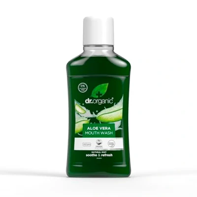 Image of Dr Organic Aloe Vera Mouthwash, Alcohol Free, Fluoride Refreshing, Natural, Vegan, Cruelty Paraben &amp; SLS Organic, 500ml, Packaging may vary