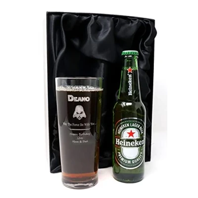 Image of Personalised Pint Glass &amp; Beer Darth Vader Star Wars Design (Hein Premium Lager Beer, Silk Lined Gift Box)