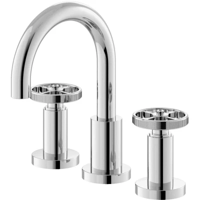 Image of Hudson Reed TIW337 Revolution ǀ Modern Bathroom Industrial Inspired 3 Tap Hole Basin Mixer with Two Round Handles, Swivel Spout and Pop Up Waste, 190mm x 130mm, Chrome