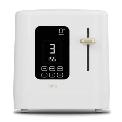 Image of Cello Digital 2 Slice Toaster with Timer, 800W, Control Panel, Wide Slot, 7 Browning Levels, Auto Stop, White Design, High Lift, Countdown Detachable crumb tray, 2024 model