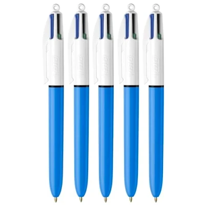 Image of BIC 4 Colours Original Multi Coloured All In One Retractable Ballpoint Pens, Black, Blue, Green, Red Ink, Medium Point 1.0mm, Pack of 5