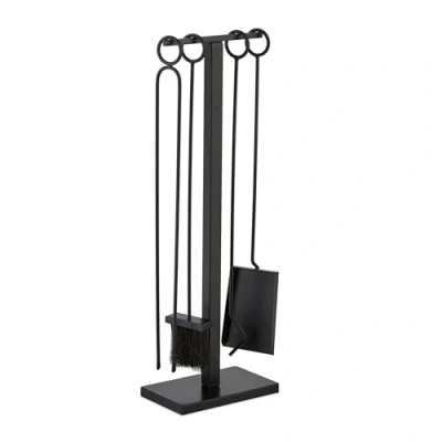 Image of Relaxdays 5 piece Fireplace Tool Set, Poker, Ash Shovel, Broom, Tongs &amp; Stand, Accessories, 77.5 x 25.5 15.5 cm, Black, Iron, Jute