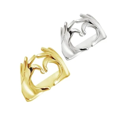 Image of Adjustable Hand Heart Matching Ring, Rings for Best Friends,Love Couple Ring Promise Women, Jewelry Hugging Hands Mothers Day Valentines Holiday(Gold &amp; Silver)