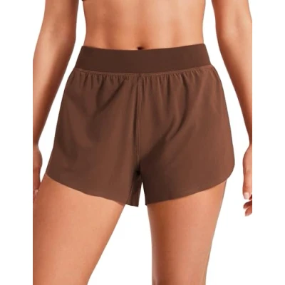 Image of CRZ YOGA Women&#039;s Mid Waisted Running Shorts Side Split Quick Dry Sports Gym Lightweight Bottoms with Liner Coffee Brown 16
