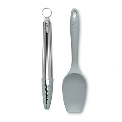 Image of Zeal JSET11B Non Stick Silicone Large Spatula Spoon &amp; Cooking Tongs 2 Piece Set Duck Egg Blue