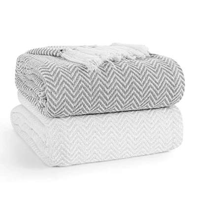 Image of EHC PAIR Pack Chevron Cotton Throws for Sofa, Settees Chair Cover Blanket, 127 x 152cm (Pack of 2) Ivory/Grey