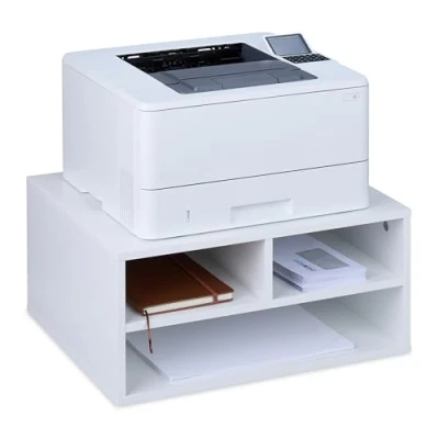 Image of Relaxdays Printer Stand for Desk, 3 Compartments, Office Shelf, Spare Paper, Storage, HxWxD: 22.5 x 47 40 cm, White, Fibreboard