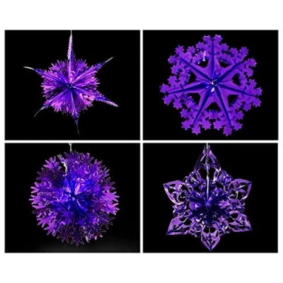 Image of Set of 4 40cm Christmas Foil Ceiling Garland Hanging Xmas Decoration, Long Star, Snowflake, Star Ball &amp; (Dark Purple)
