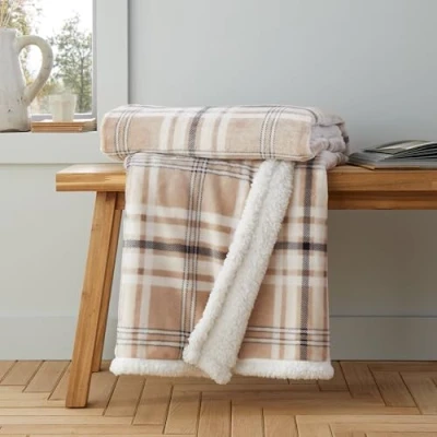 Image of Catherine Lansfield Cosy Kelso Check 130x170 cm Blanket Throw Natural