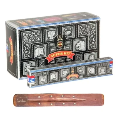 Image of Satya Nag Champa Super Hit incense sticks x12 pack with SAMASIA holder Used for Suomatherapy, Spa, Yoga, Weddings, Meditation, Healing, Positivity and Relaxation