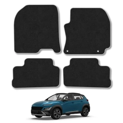 Image of Car Mats Compatible with Hyundai Kona (2017+) Tailored Fit Grey Trimmed Carpet Floor Mat Set Accessory Black Custom Fitted 4 Pieces Clips Anti Slip Backing &amp; Trim Edging