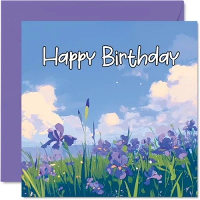 Image of Floral Birthday Cards for Women Her Iris Field Happy Card Mum Sister Daughter Auntie Cousin Nanny Grandma Friend 145mm x Irises Flowers Greeting