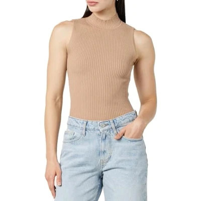 Image of The Drop Women&#039;s Karolina Sleeveless Ribbed Mock Neck Sweater, Praline, XXS