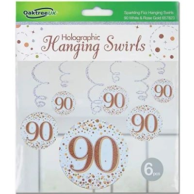Image of OakTree Sparkling Fizz Hanging Swirls 90th White &amp; Rose Gold 6pcs