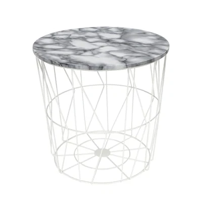 Image of HOMION Round Side Table Wire Metal Storage Basket Modern Bedroom Balcony Corner Tea Bedside Sofa Hallway Living Room (White Marble Pattern Lid, Large)