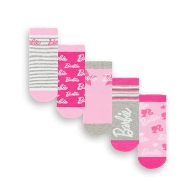 Image of Barbie Girls Socks 5 Pack Kids Multicoloured Doll Graphic Footwear Funky Pink Fashion Stripey Comfortable Sock Set Bundle Cartoon Movie TV Series Merchandise Gift
