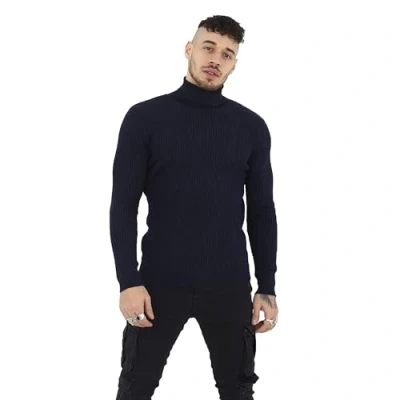 Image of BRAVE SOUL Mens High Neck Casual Jumpers from 100% Cotton Pull On Long Sleeves Sweaters, Mid Navy Colour, UK Size M