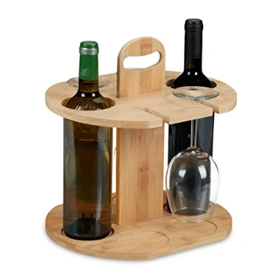 Image of Relaxdays Wine Butler, Storage for 2 Bottles &amp; 4 Glasses, Bamboo, HxWxD: 30.5 x 30x 25 cm, Home, Kitchen Bar, Natural
