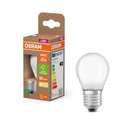 Image of Osram Energy Class Mini Buclassic, 3.8 W/806 lm, EEK A, Warm White Light (2700 K), CRI 80, Lead Free Frosted Glass, E27 Base, IP20, Diameter 45 mm.