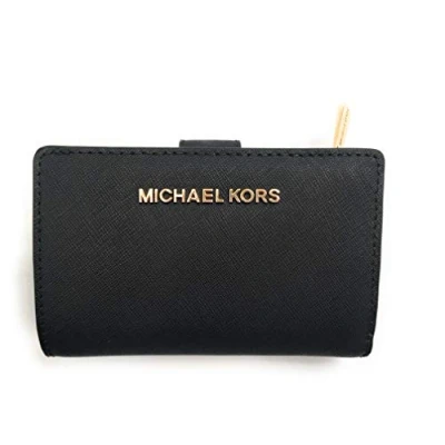 Image of Michael Kors Jet Set Travel Saffiano Leather Bifold Zip Coin Wallet, Black Saffiano, M, Wallet