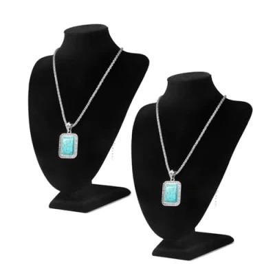 Image of Flexzion Necklace Bust Display Stand (2 Pack) 10 Inch 3D Mannequin Black Velvet Holder for Home, Boutique &amp; Trade Shows Jewelry Selling Necklace, Pendants, Lockets