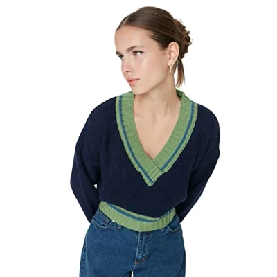Image of Trendyol Women Young Regular fit Basic V Neck Knitwear Sweater Navy Blue