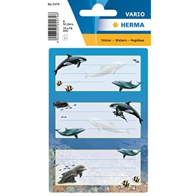 Image of HERMA 5579 Book Labels for Labelling, Dolphins (76 x 35 mm, 6 Name Stickers, Paper, Glitter), Self Adhesive, Permanent Adhesive School Books, Notebooks, Boxes, Household, Colourful
