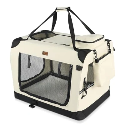 Image of VOUNOT Pet Carrier Bag Portable Foldable Dog Cat Travel Bag, 3 Entry Doors, Breathable Mesh and Padded Handles, L Beige