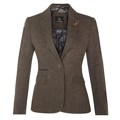 Image of TruClothing Women&#039;s Tweed Brown Herringbone Classic 1920s Formal Wool Tailored Blazer with Elbow Patches 20