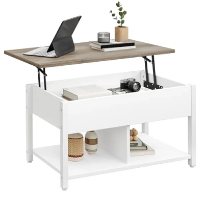 Image of YITAHOME Lift Top Coffee Table, Easy Lift, 2 Tier Storage, Adjustable Height Table with Hidden Storage Compartment and Shelf for Living Room, Office,White&amp;Gray