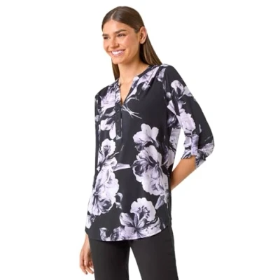Image of Roman Originals Shirt for Women UK Ladies Top Collarless Blouse Stretchy Tunic Smart Casual Autumn Winter Jersey 3/4 Length Sleeve Notch V Neck Flattering Office Work Lilac Size 10