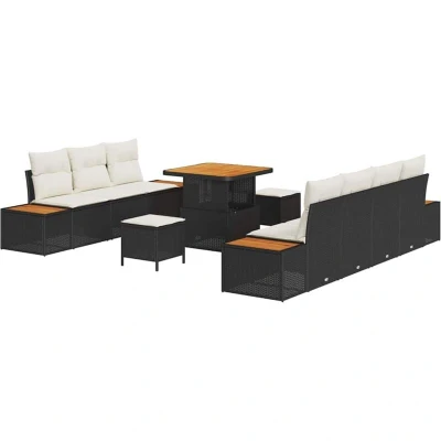 Image of vidaXL 10 Piece Garden Sofa Set with Cushions Black Poly Rattan Acacia