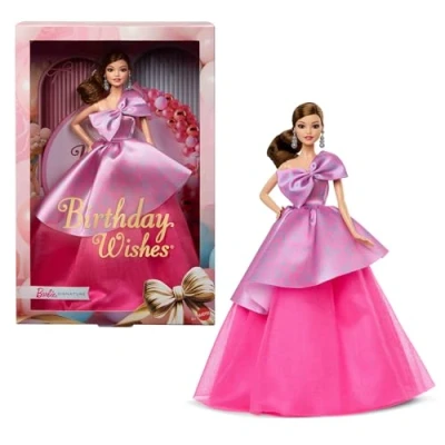 Image of Barbie Signature Birthday Wishes Doll, Collectible Fashion Doll in Satiny, Pink Dress with Wavy Brown Hair and Giftable Packaging, JBJ08