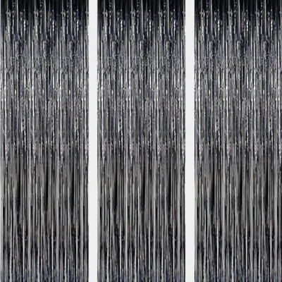 Image of AILEXI 3 Pack 3ft*8ft Metallic Tinsel Curtains Foil Fringe Shimmer Streamers Curtain Door Window Decoration for Party Supplies Black