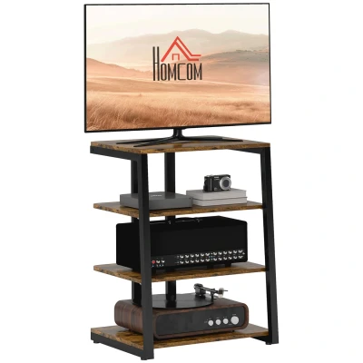 Image of HOMCOM HiFi Stand, 4 Tier Media Storage Shelf with Adjustable Shelves, Power Strip Rack for Router, Record Player, Printer, Industrial TV Stand up to 28 Inch TVs, Rustic Brown