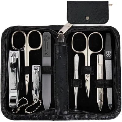 Image of 3 Swords Germany brand quality 8 piece manicure pedicure grooming kit set for professional finger &amp; toe nail care scissors clipper fashion leather case in gift box, Made by (522016)