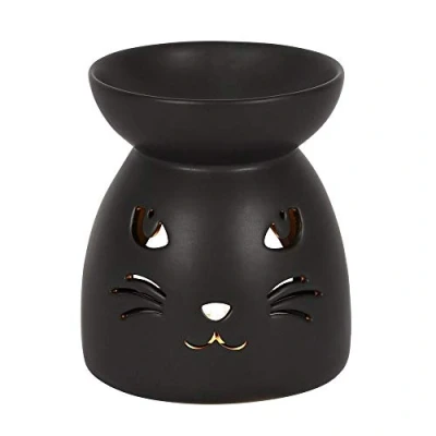 Image of Enchanting Black Ceramic Cat Cut Out Oil Burner 10.5cm x 9.2cm (1 Pc.) Luxurious Design, Premium Material, Aromatherapy Accessory Ideal for Home &amp; Office Decor