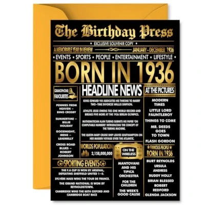 Image of Gold 89th Birthday Card for Men Women Black &amp; Golden Newspaper Born in 1936 Happy 89 Cards Husband Dad Nan Grandad Wife Auntie, 5x7 Inch Bday Greeting