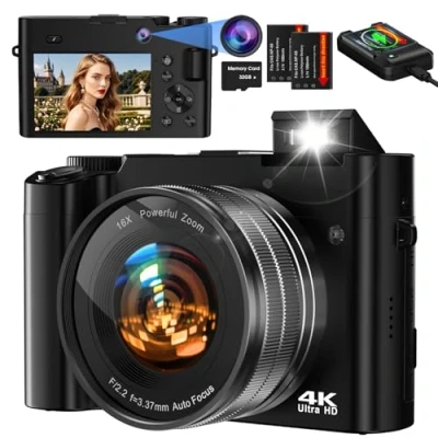 Image of Digital Camera,Bofypoo 64MP Autofocus Vlogging Camera with Front and Rear Dual Cameras 32G Memory Card,4K Compact 16X Zoom for Beginners(Black)