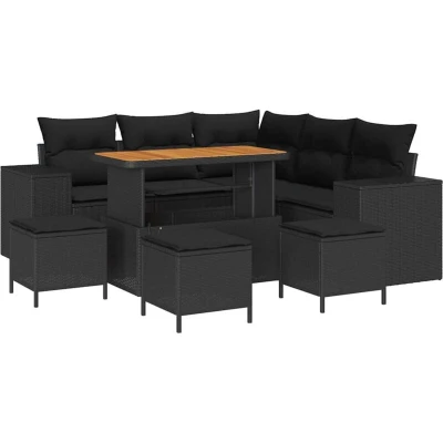 Image of vidaXL 9 Piece Garden Sofa Set with Cushions Black Poly Rattan Acacia