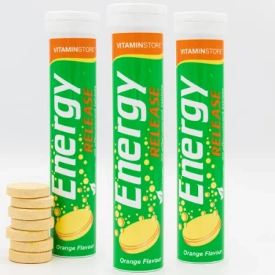 Image of Vitamin Store Energy Release Effervescent Tablets 3 Packs, 20 Orange Flavoured Fizzy Dissolvable Supplement Vitamins C,B1,B2,B12, Magnesium &amp; Zinc 2 Month Supply 60