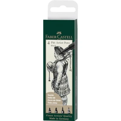 Image of Faber Castell Art &amp; Graphic Pitt Artist Pen India Ink Pen, Black, Wallet Of 4, For Art, Craft, Drawing, Sketching, Home, School, University, Colouring