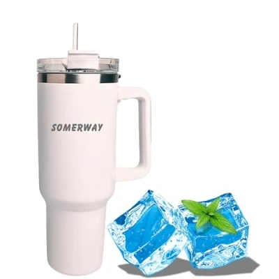 Image of Somerway 1182ml Travel Mug 40oz Tumbler with Straw, Lid &amp; Cleaning Brush Stainless Steel Double Wall Vacuum Insulated for Hot and Cold Coffee Handle On The Go