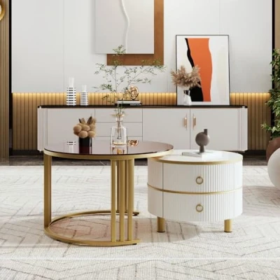 Image of ModernLuxe 2 in 1 MDF Coffee Tables for Living Room, Brown Round Table with Tempered Glass and Golden Metal Frame Legs, White Side Drawers, Modern Nest of Saving Space