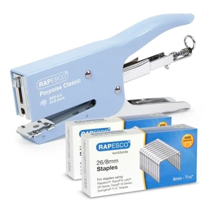 Image of Rapesco 1355A Porpoise Classic Stapling Plier with 10,000 Type 26/8mm Staples, 45 Sheet Capacity, Powder Blue