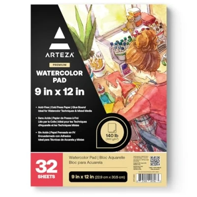 Image of Arteza Watercolour Paper Pad, 32 Sheets, 22.9 x 30.5 cm, 300gsm Paper, Glue Bound, Cold Pressed, Acid Free, for Wet, Dry &amp; Mixed Media