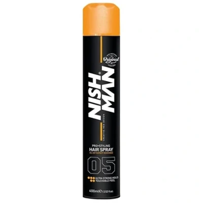 Image of Nish Man Hair Spray 05 Ultra Strong hold Nishman Volumizing Texturizing Sleek and Shine Styling Maximum Control Super volume, movement, lift Hairspray 400ml